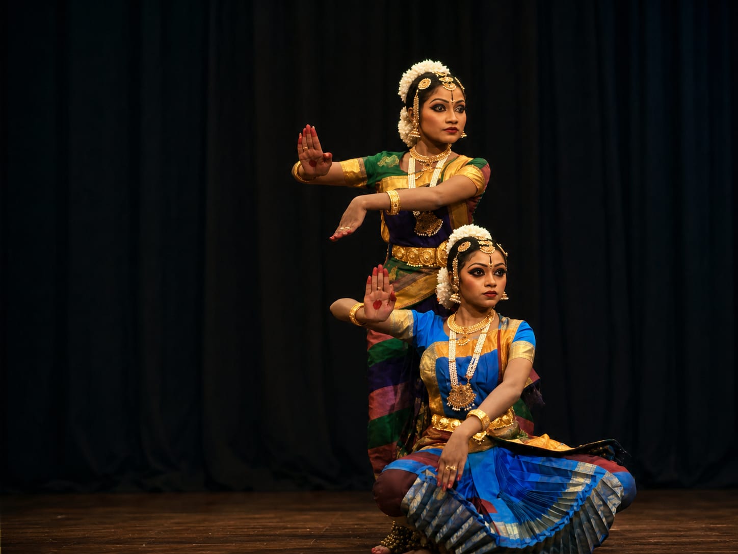 Two dancers performing Kuchipudi with intricate mudras in traditional silk sarees